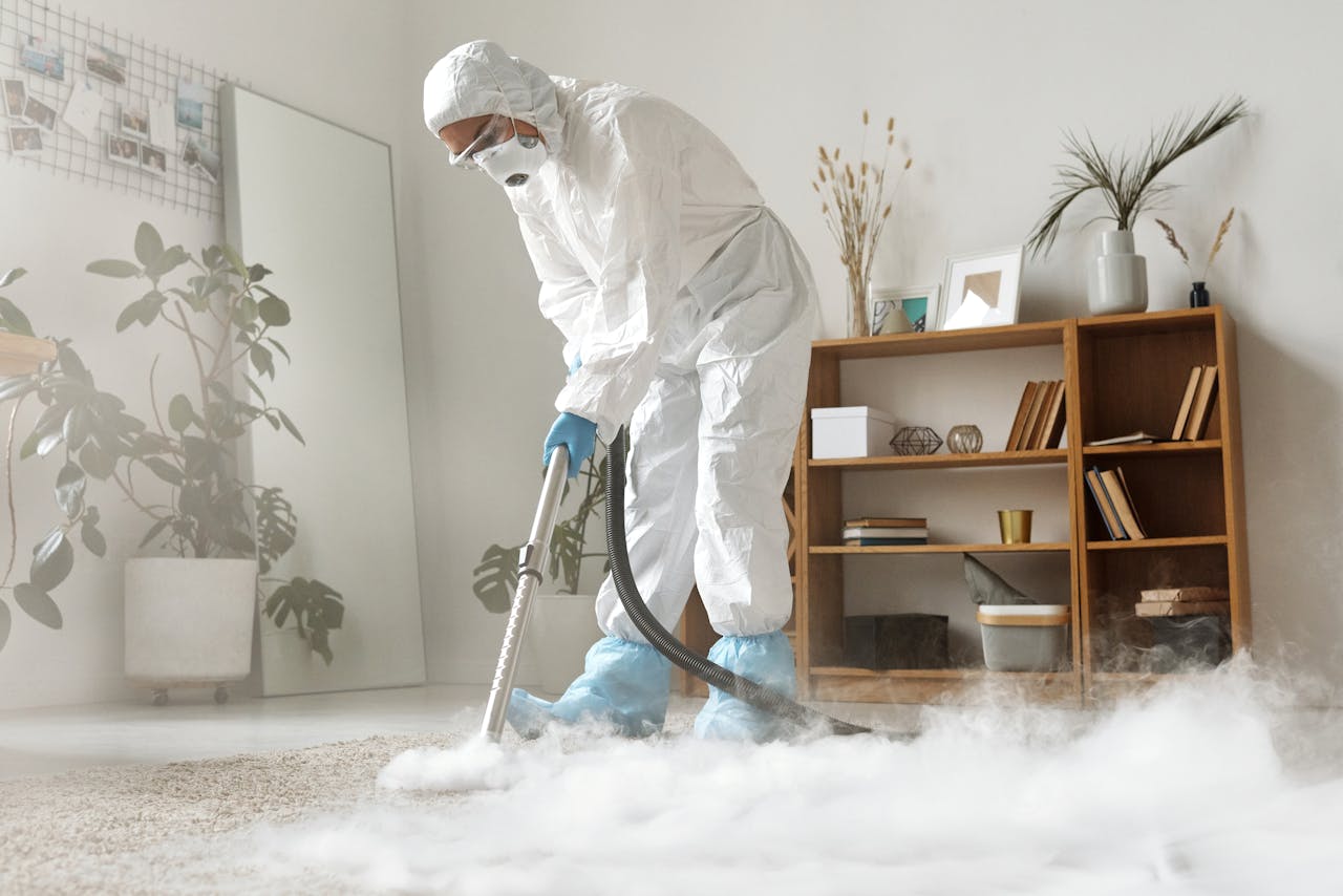 Cleaner in a hazmat suit disinfecting carpet